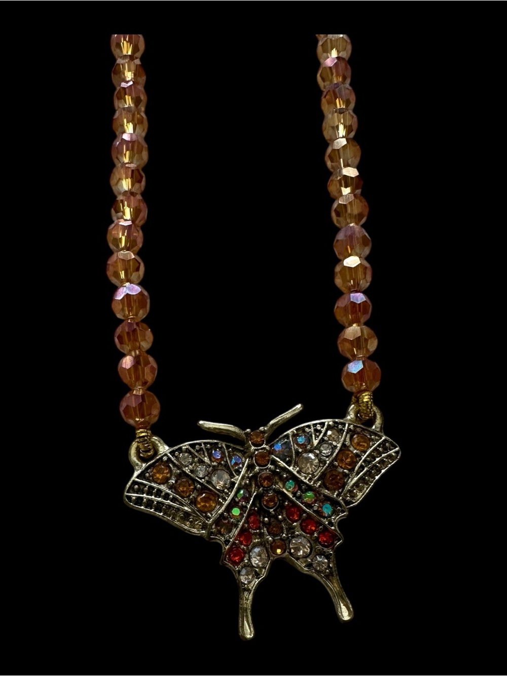 Heidi Daus stunning Butterfly Pendant Gold Tone, iridescent Amber crystal Beads